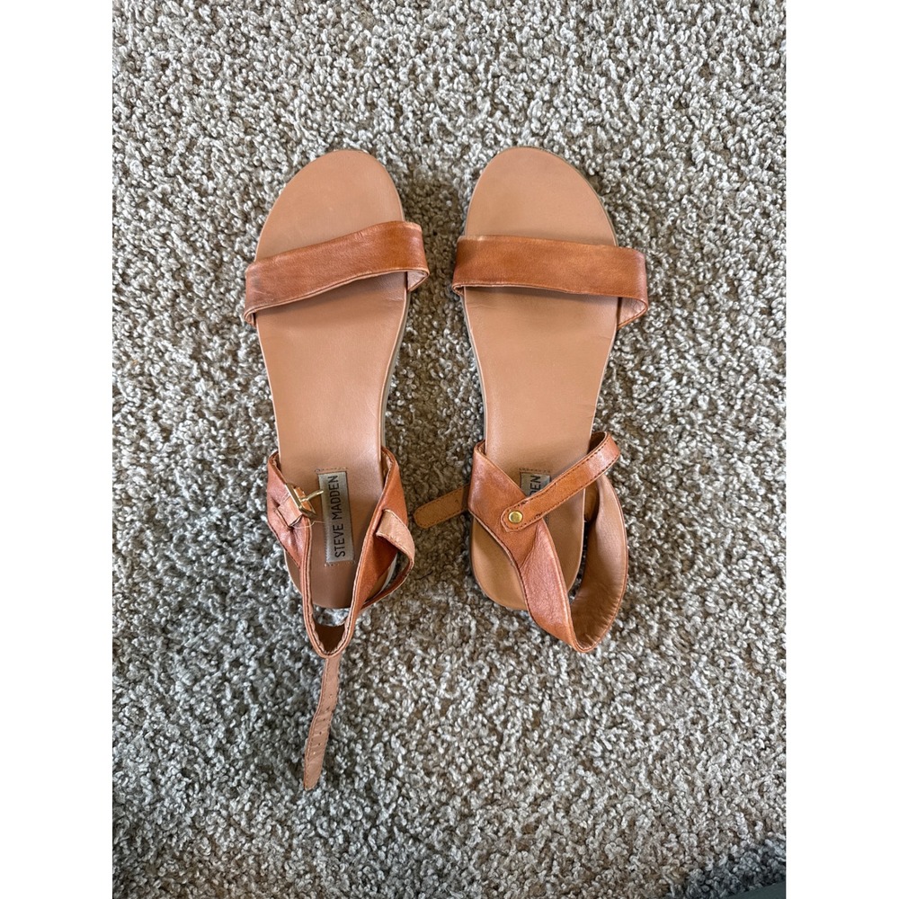 Steve Madden Dina Cognac Leather Flat Ankle Strap Sandals Womens 9 DINA02S1